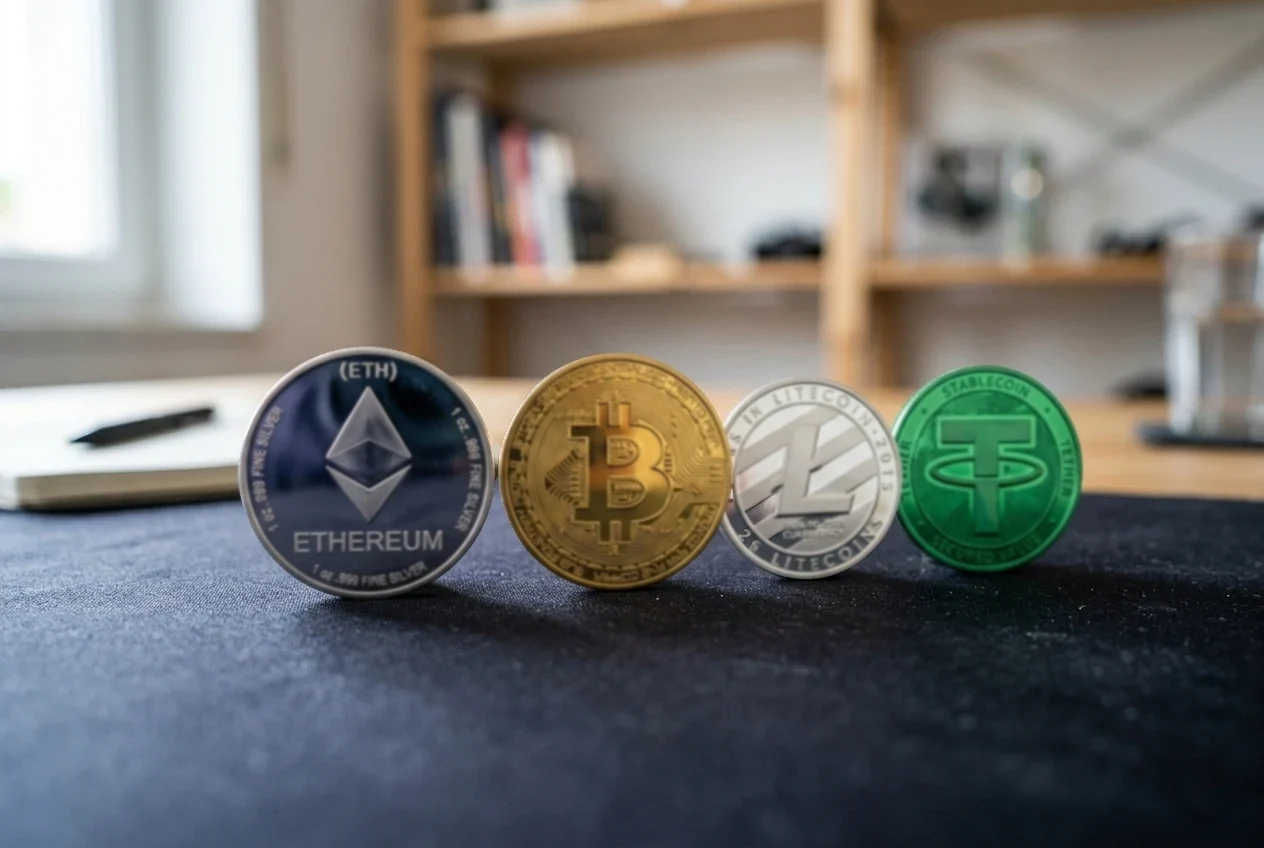 Verschiedene Kryptowährungen nebeneinander — Bitcoin, Ethereum, Litecoin, USDT