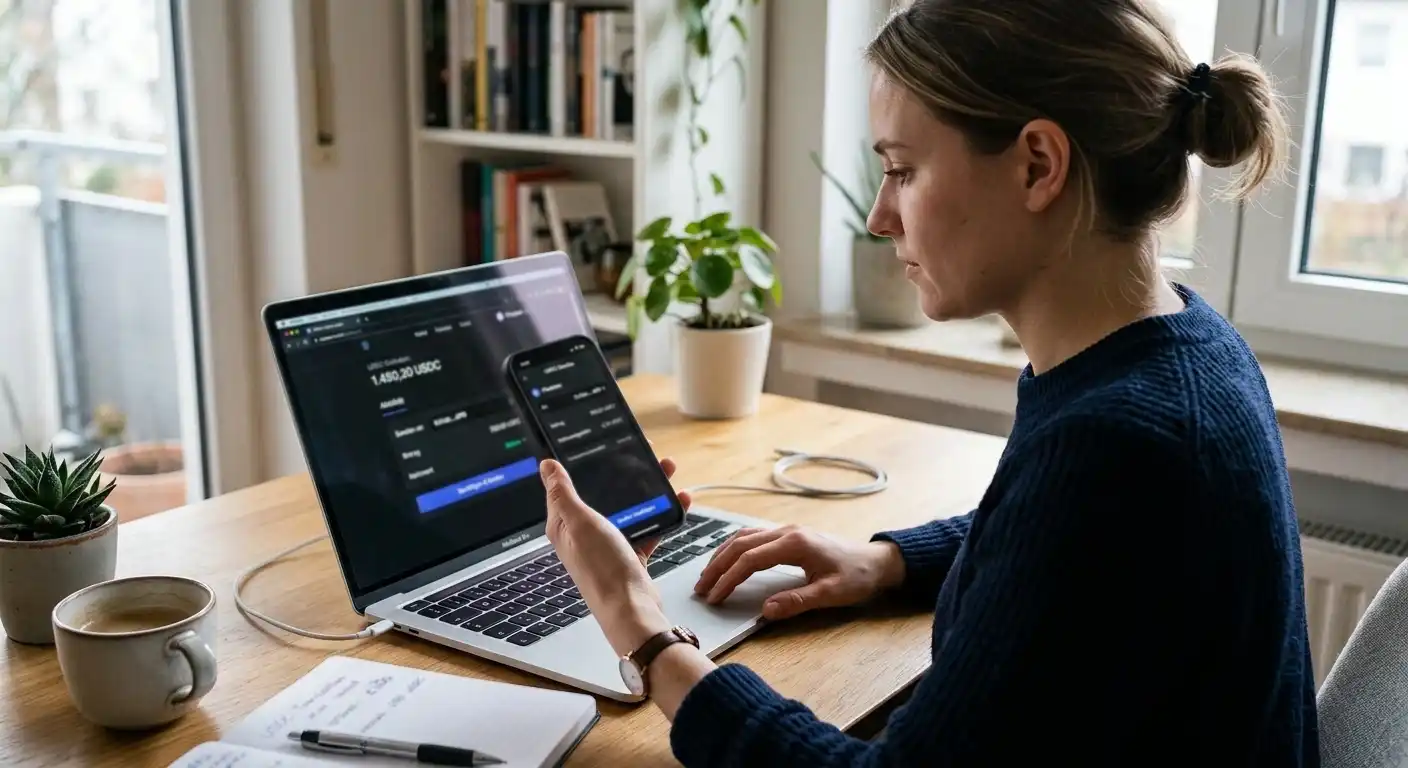 Person nutzt Laptop und Smartphone für USDC-Wallet-Transaktion