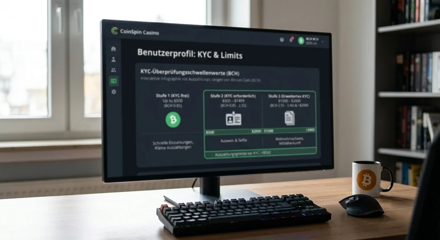 Grafische Darstellung KYC-Schwellenwerte von 500 bis 2000 Dollar in Bitcoin Cash Casinos