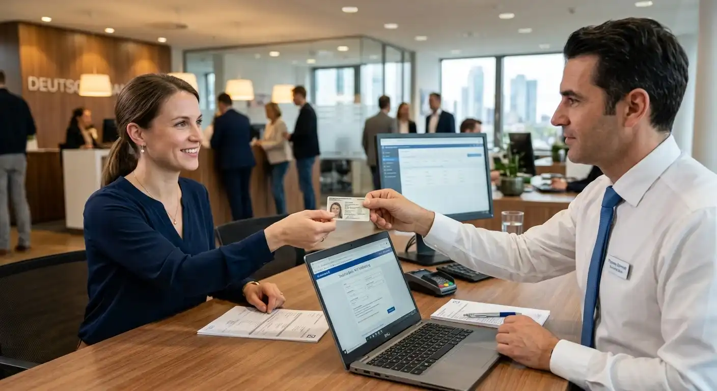 Person reicht KYC-Dokumente über einen Schreibtisch