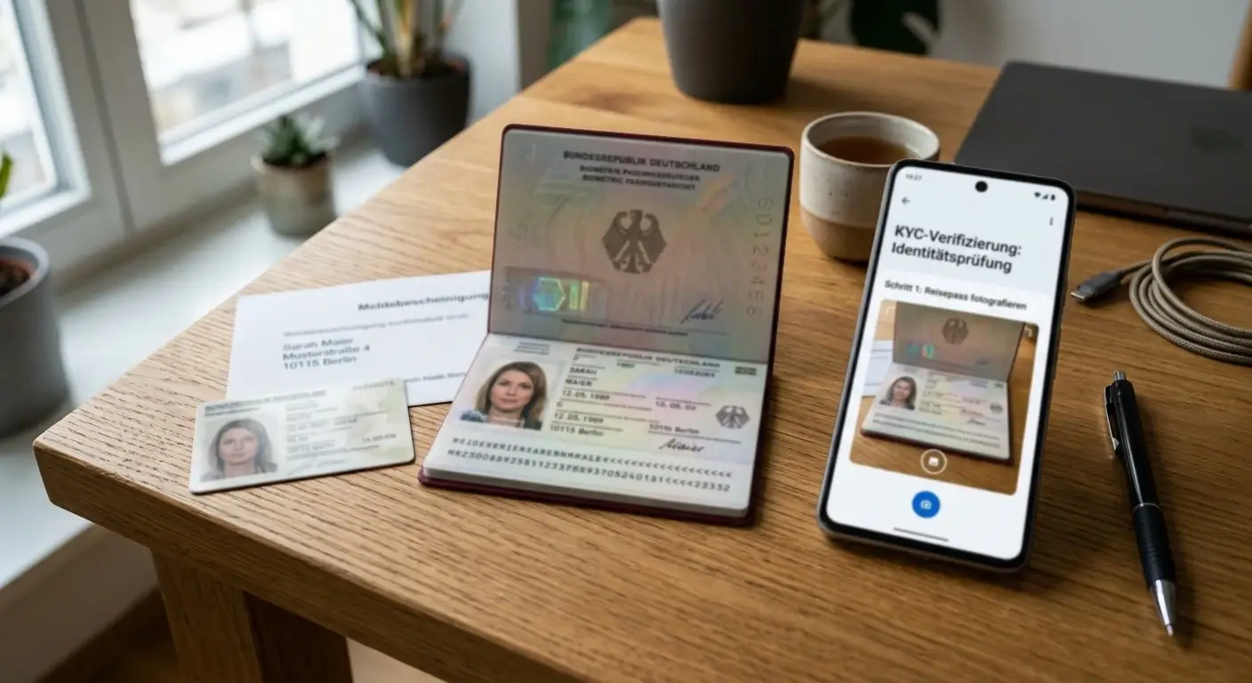 Reisepass und Dokumente auf Schreibtisch für KYC-Verifizierung