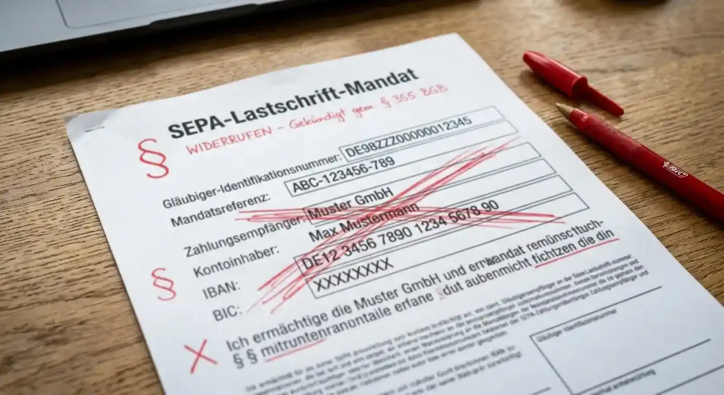 Dokument mit durchgestrichenem Lastschrift-Mandat und Paragrafenzeichen