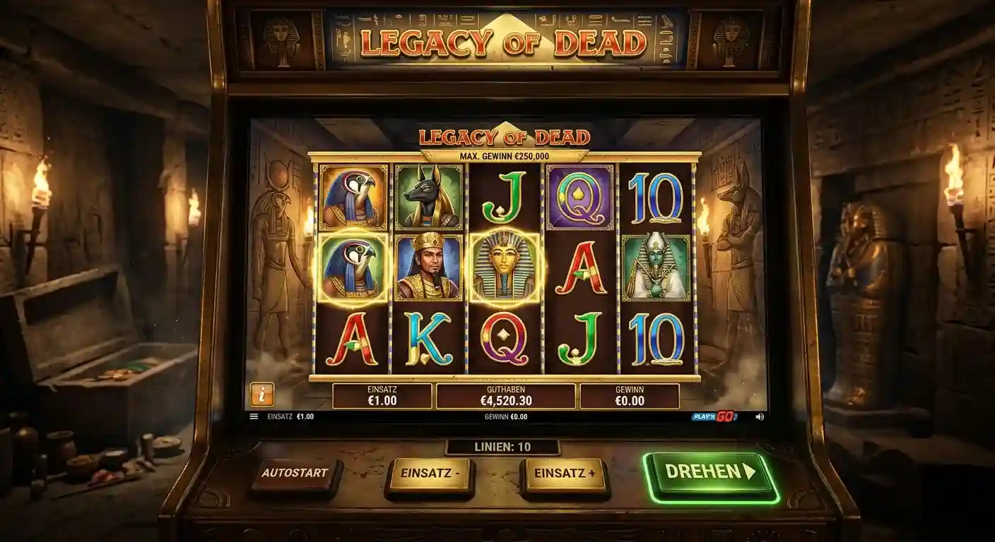 Legacy of Dead Spielautomaten-Interface mit fünf Walzen im ägyptischen Grabkammer-Setting