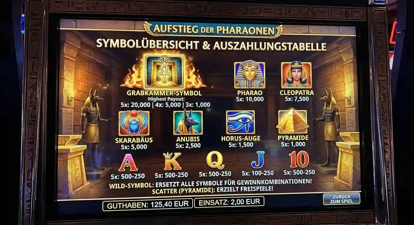 Symbolübersicht und Auszahlungstabelle des ägyptischen Spielautomaten mit Grabkammer-Symbol