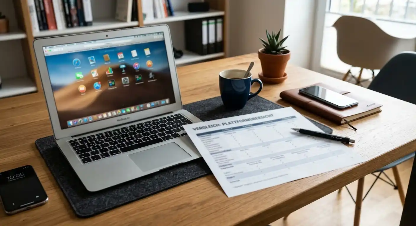 Schreibtisch mit Laptop und einem gedruckten Übersichtsblatt, das mehrere namenlose Plattformen vergleicht