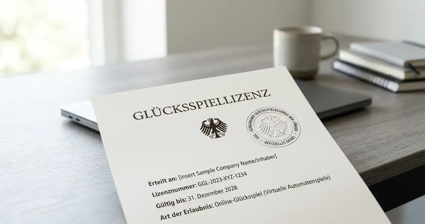 Offizielles Lizenzdokument mit GGL-Siegel und deutschem Bundesadler auf modernem Schreibtisch