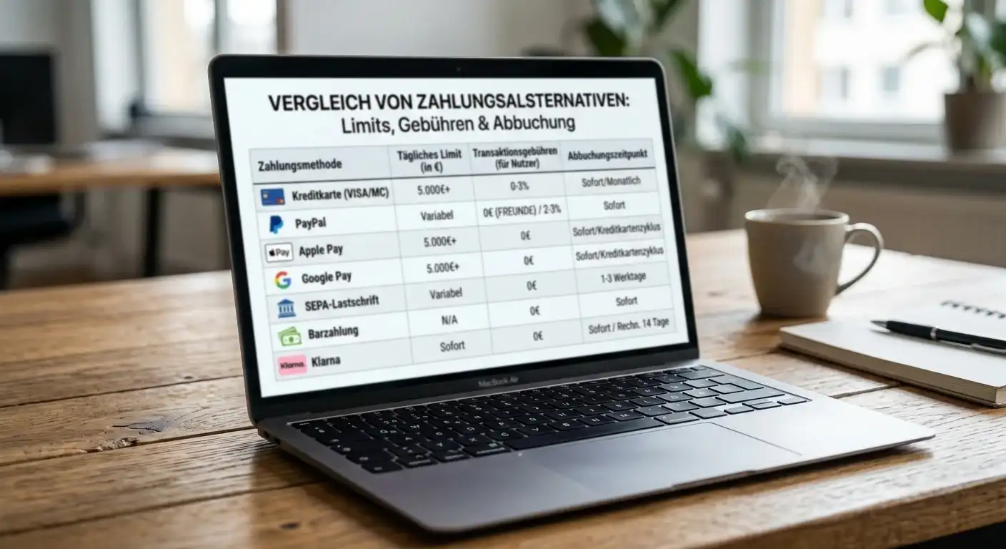 Vergleich von Limits, Gebühren und Abbuchungszeitpunkten bei Zahlungsalternativen