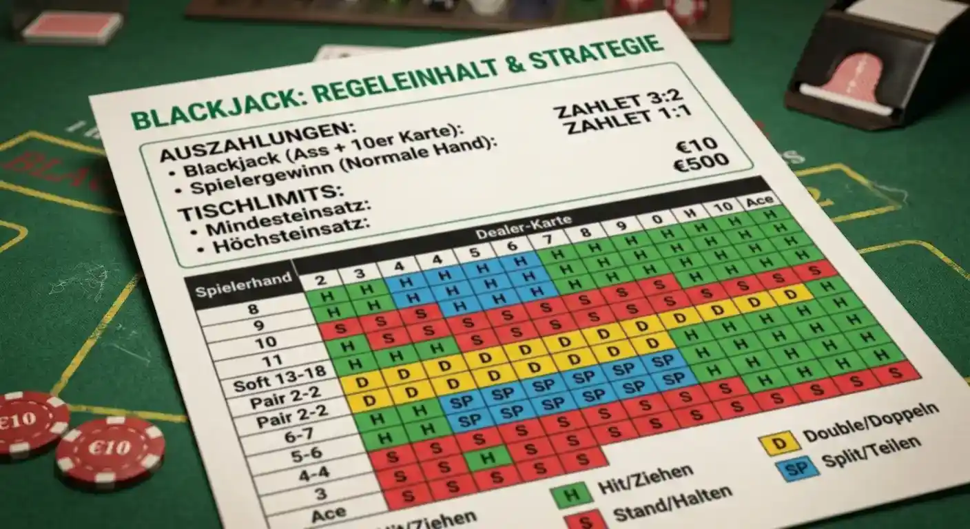 Blackjack-Regelblatt mit Auszahlung 3:2 und Tischlimits im Detail
