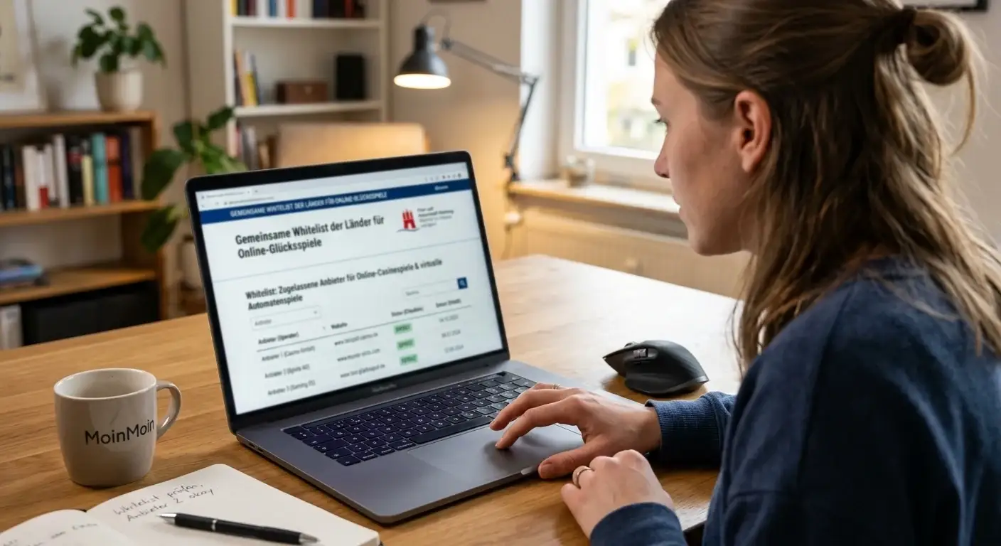 Person prüft die Whitelist Online-Casinospiele auf dem Laptop