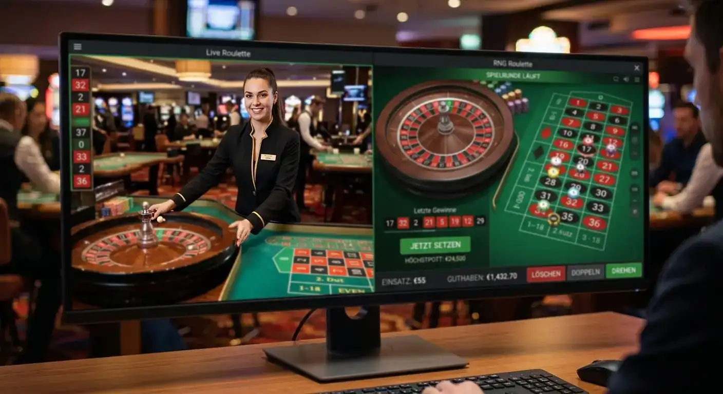 Live-Croupier-Tisch neben RNG-Interface auf geteiltem Bildschirm