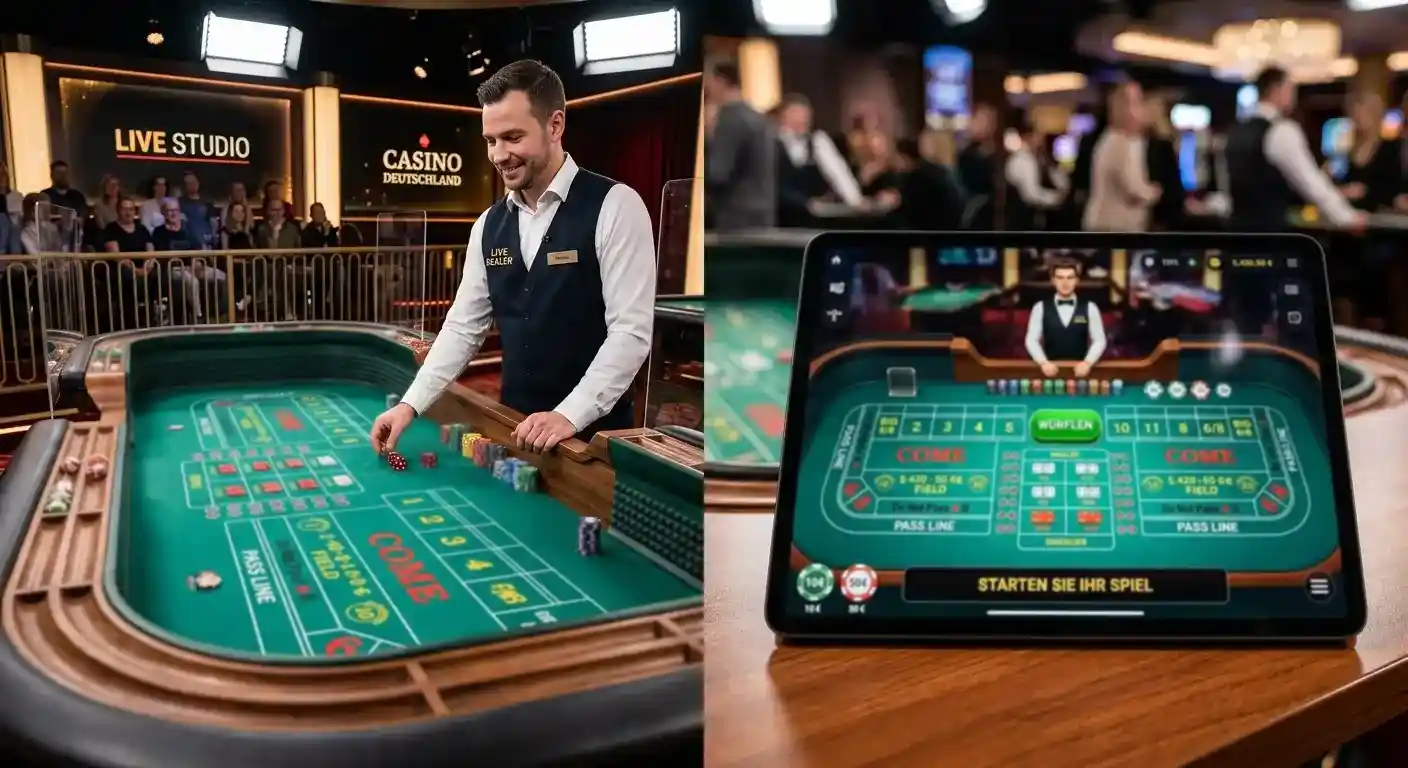 Gegenüberstellung von Live-Croupier-Craps im Studio und digitalem RNG-Craps auf dem Bildschirm