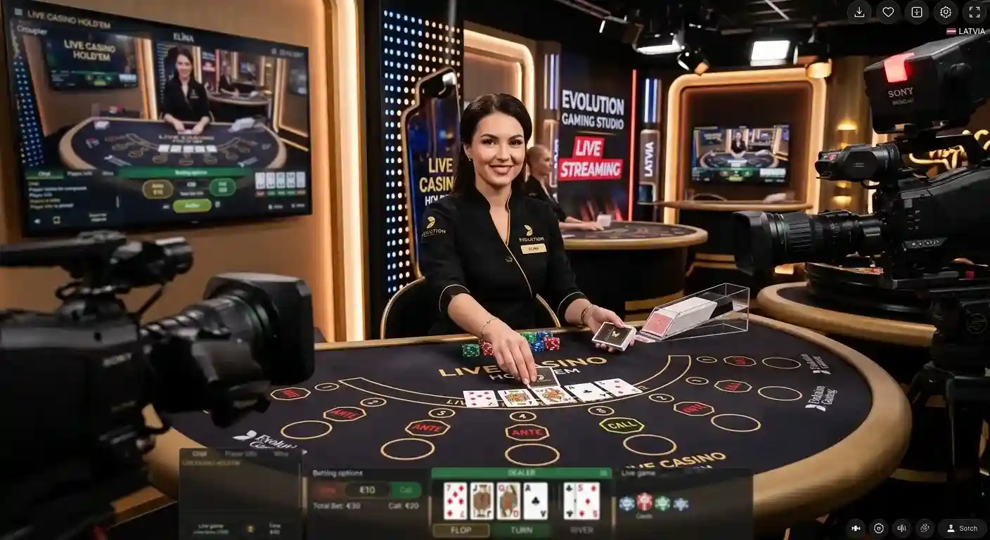 Live-Croupier-Studio mit Kartentisch für Live Casino Hold'em im Stream