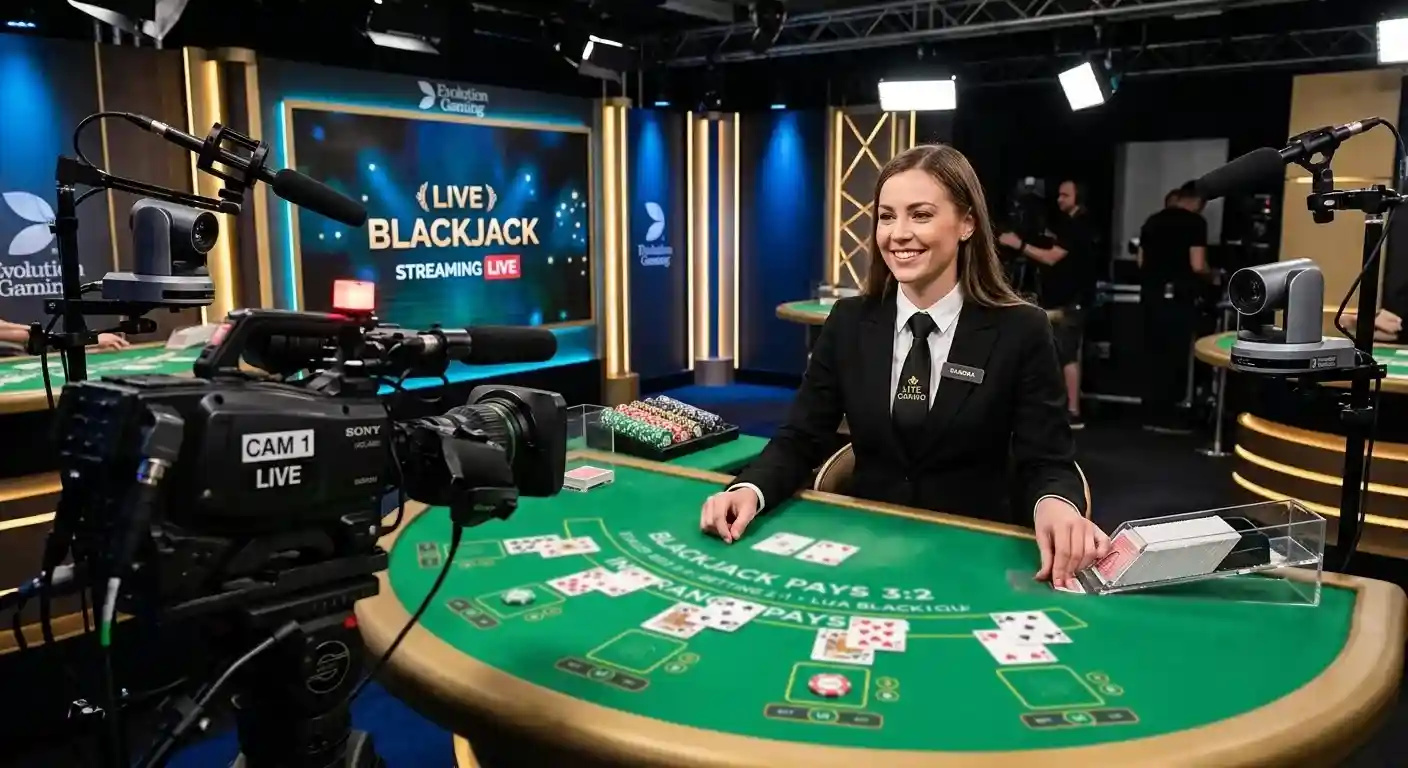 Live-Croupier-Studio mit Kameras und Karten für Blackjack-Stream