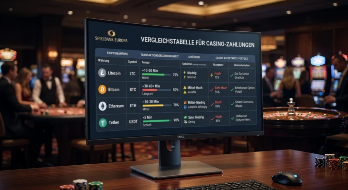 Vergleichstabelle Litecoin Bitcoin Ethereum USDT für Casino-Zahlungen