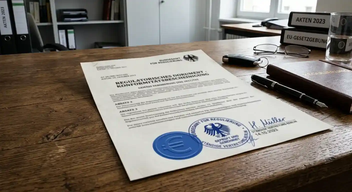 Regulatorisches Dokument mit Stempel und Euro-Symbol auf einem Schreibtisch