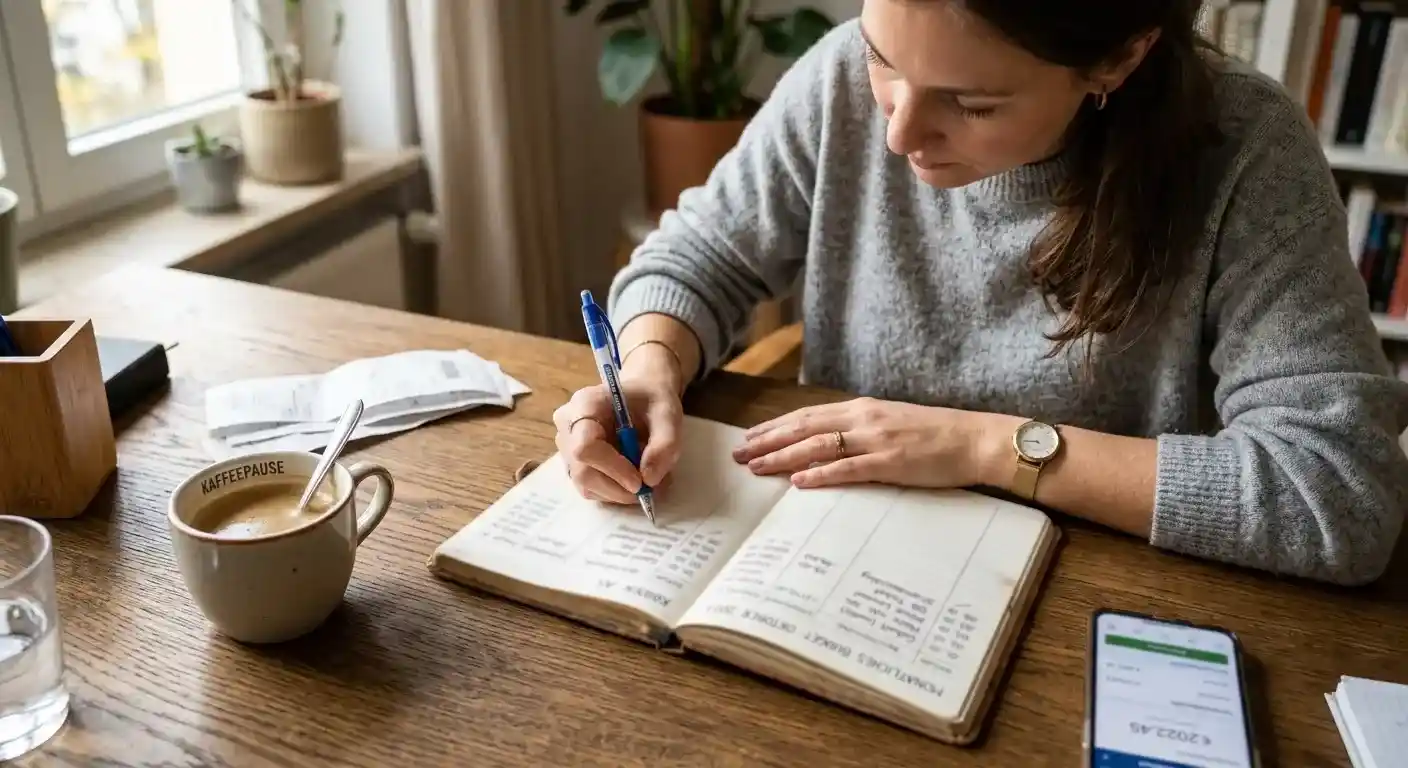 Person schreibt monatliche Budgetnotizen in ein Notizbuch