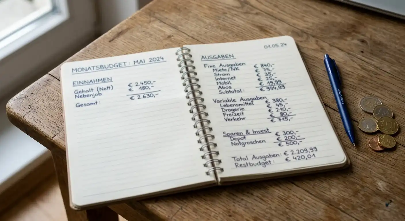 Notizbuch mit handgeschriebenem Monatsbudget und Euro-Symbol