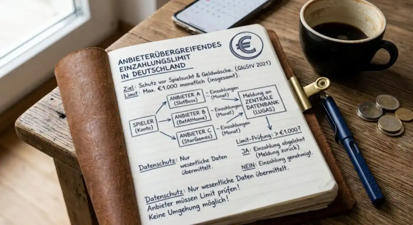 Notizbuch mit Eurosymbol und Planungsskizze zum anbieterübergreifenden Einzahlungslimit in Deutschland