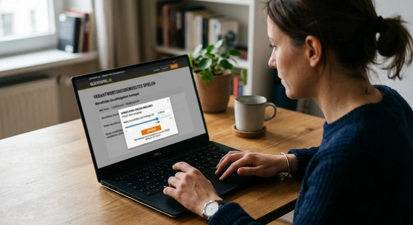 Person legt am Laptop ein monatliches Einzahlungslimit für ein lizenziertes Casino fest