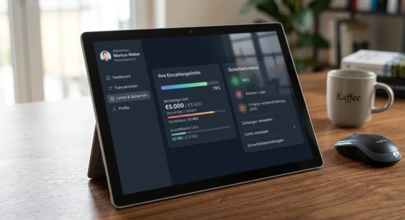 Digitales Dashboard mit Einzahlungslimit-Anzeige und Sicherheitssymbolen
