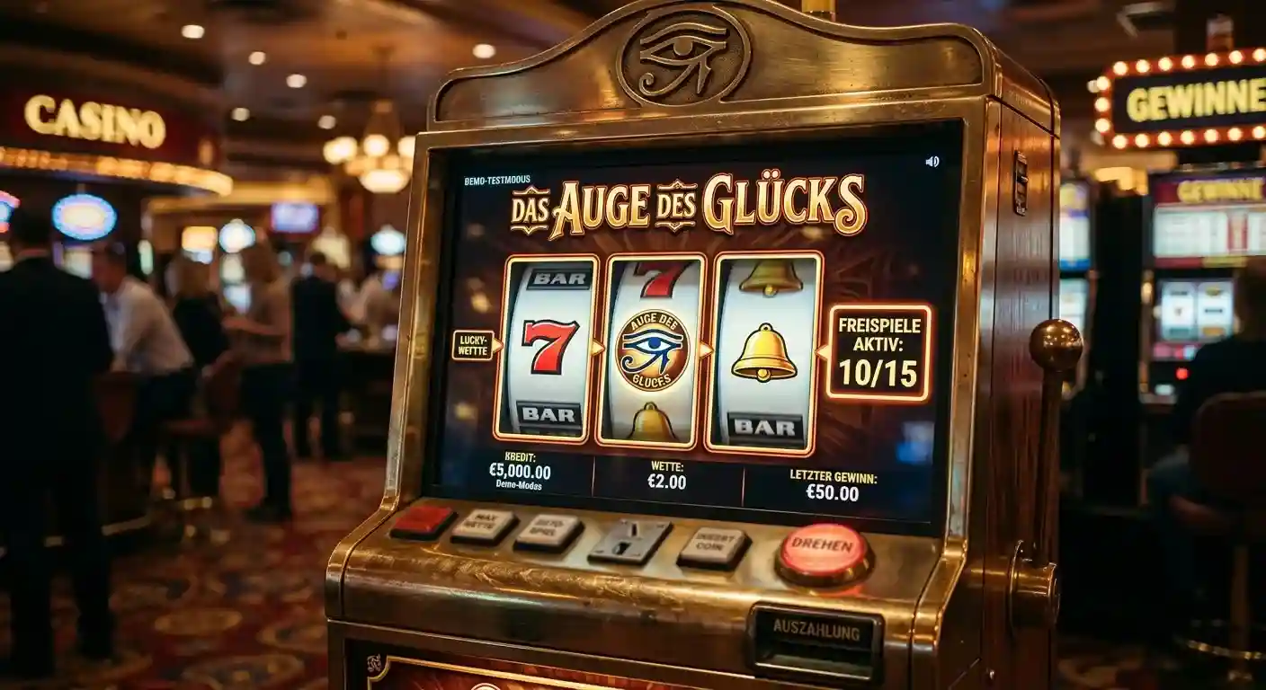 Klassischer Spielautomat mit Augensymbol und Freispiel-Anzeige im Demo-Test