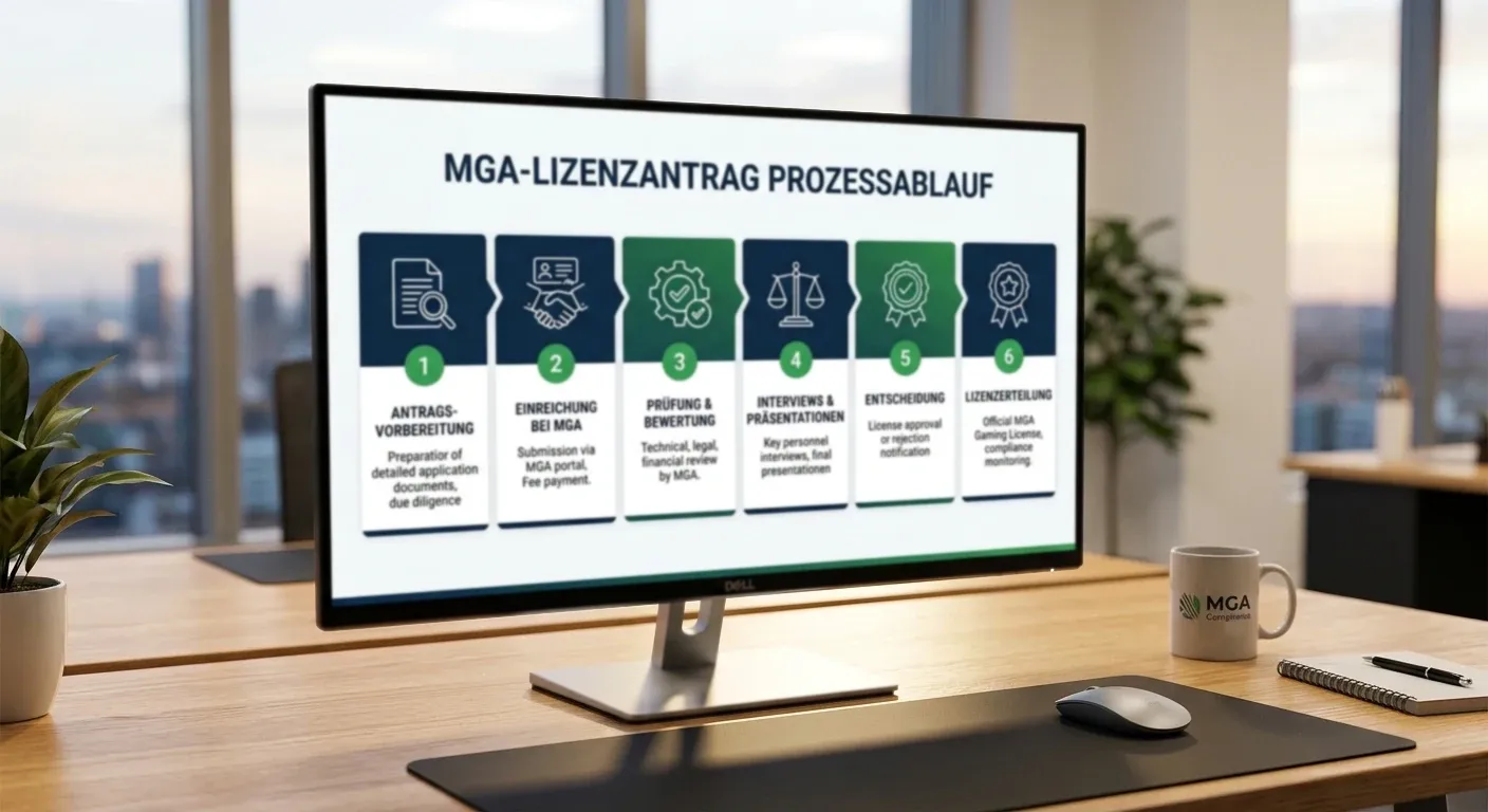 MGA-Lizenzantrag Prozessablauf mit sechs Stufen