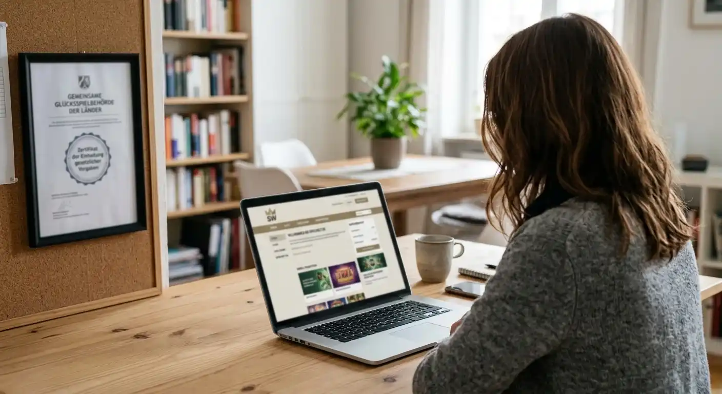 Person am Laptop mit einer neutralen Casino-Seite und einem Dokument der Glücksspielbehörde im Hintergrund