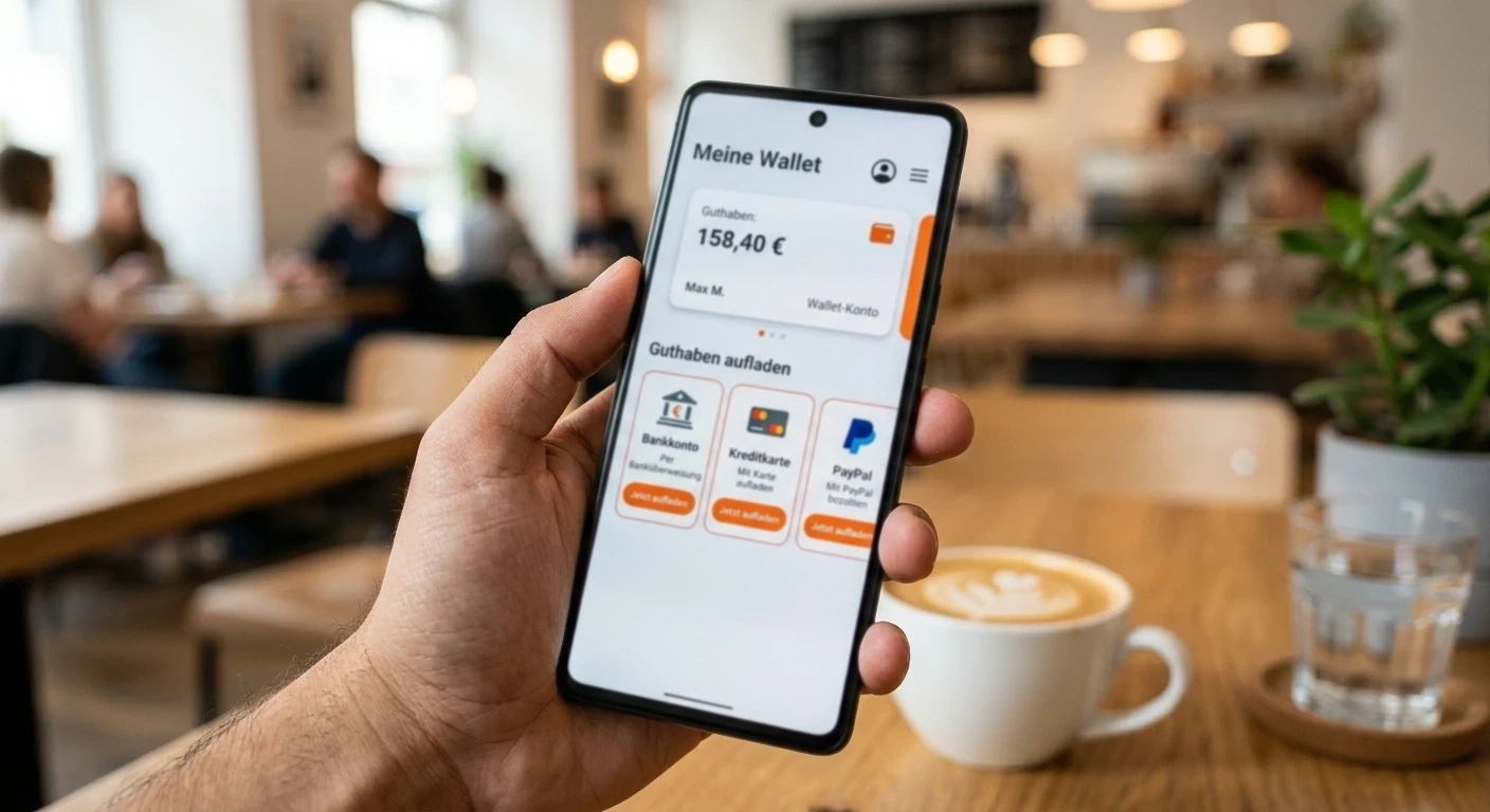 Smartphone mit einer Wallet-App und drei Aufladeoptionen auf dem Bildschirm
