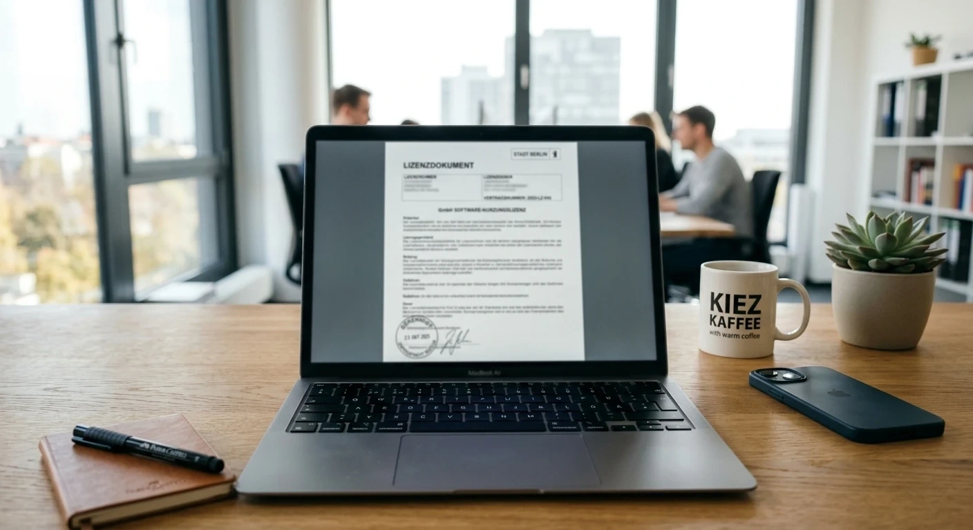 Helles Büro mit einem Laptop, auf dem ein neutrales Lizenzdokument mit Stempel geöffnet ist