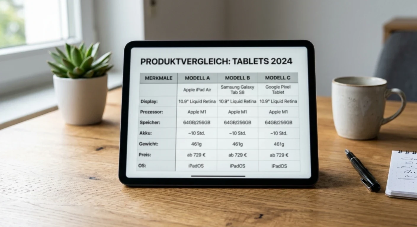 Schreibtisch mit einem Tablet, das eine neutrale Vergleichstabelle mit vier Spalten zeigt