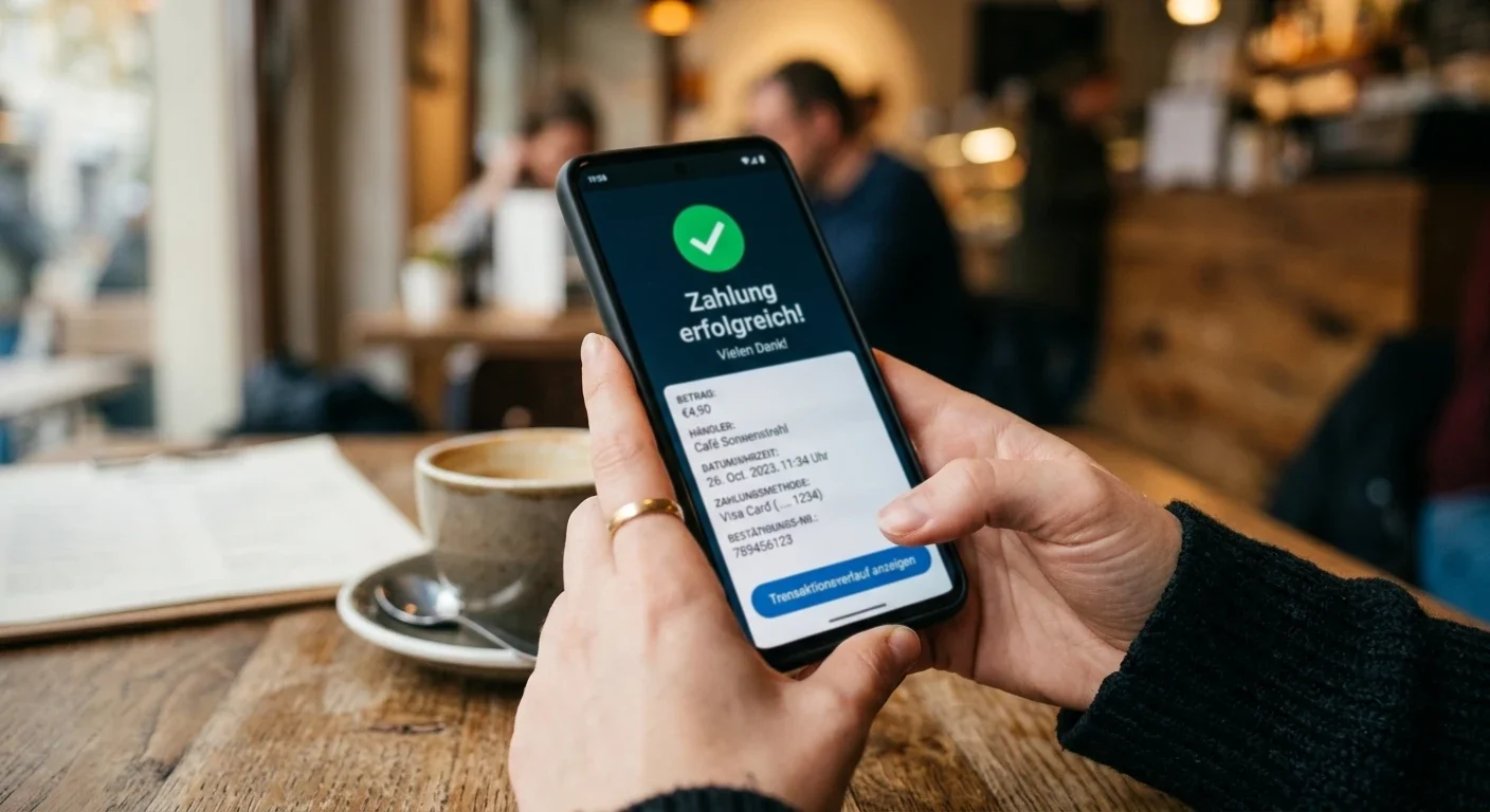 Nahaufnahme von Händen, die Smartphone mit Zahlungsbestätigung halten, grüner Haken und Transaktionsdetails auf Display