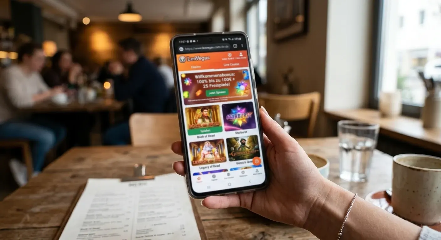 Smartphone mit geöffneter mobiler Casino-Website in der Hand einer Person