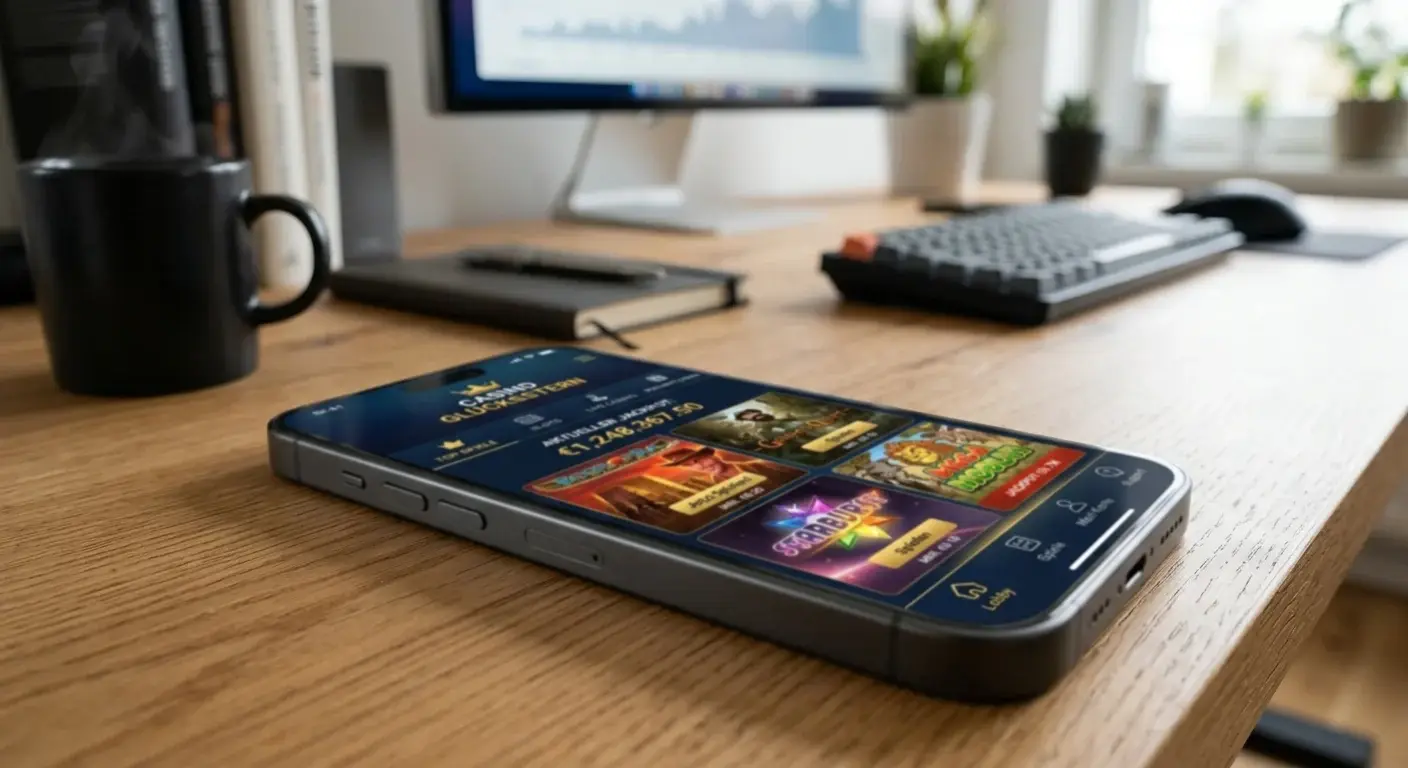 Smartphone auf Schreibtisch zeigt Casino-Interface