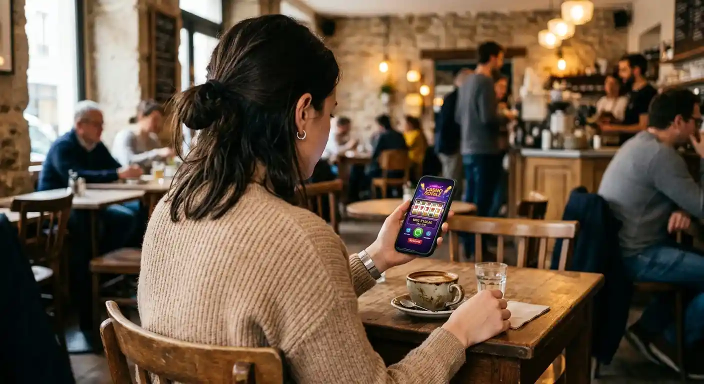 Person sitzt am Café-Tisch und nutzt Smartphone für mobiles Casino-Spiel, Display zeigt Spielautomaten-Interface mit farbiger Grafik, Kaffeetasse sichtbar