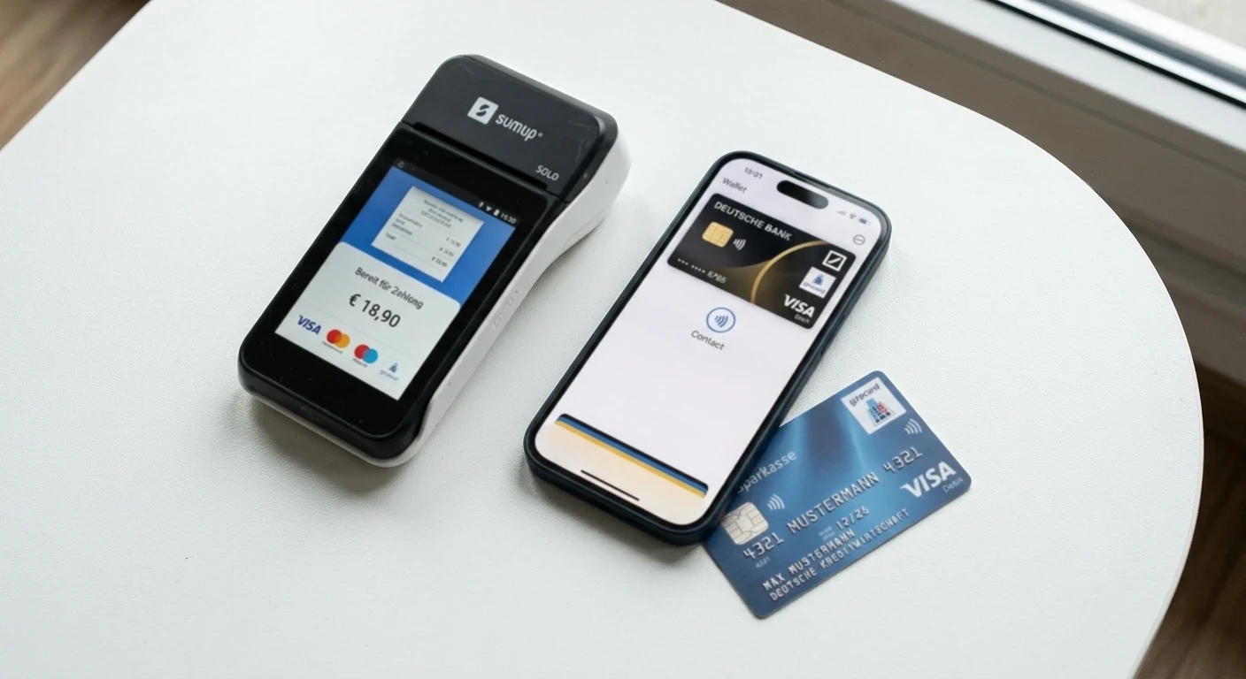 Flache Anordnung verschiedener Zahlungsmittel auf weißer Fläche: Smartphone mit Wallet-Interface, Bankkarte teilweise sichtbar, Zahlungsterminal symmetrisch arrangiert