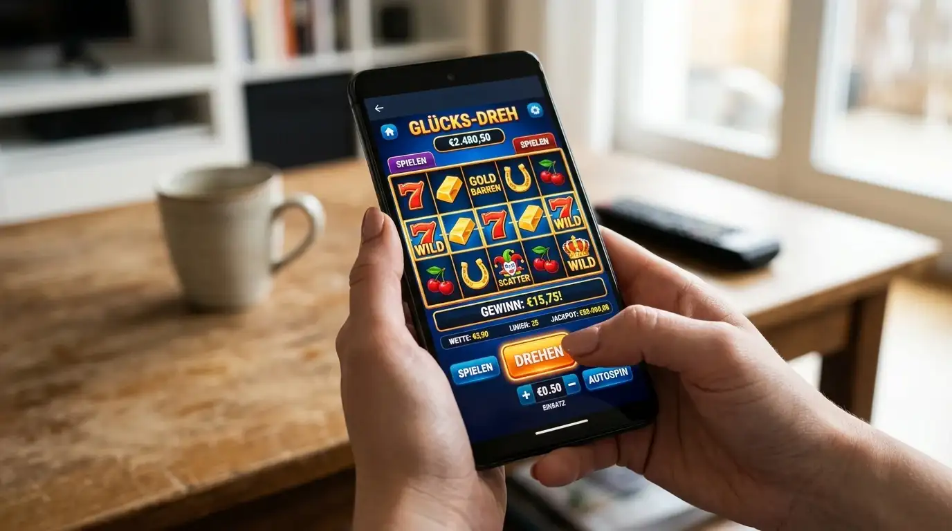 Hand hält ein Smartphone mit einer Touch-optimierten Spielautomaten-Oberfläche im Hochformat