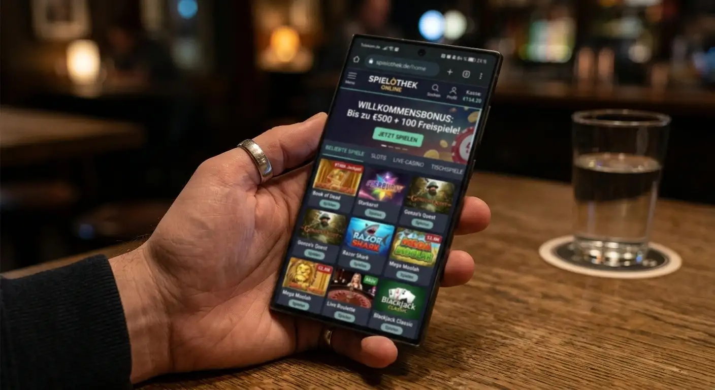 Smartphone mit geöffneter mobiler Spielothek-Website
