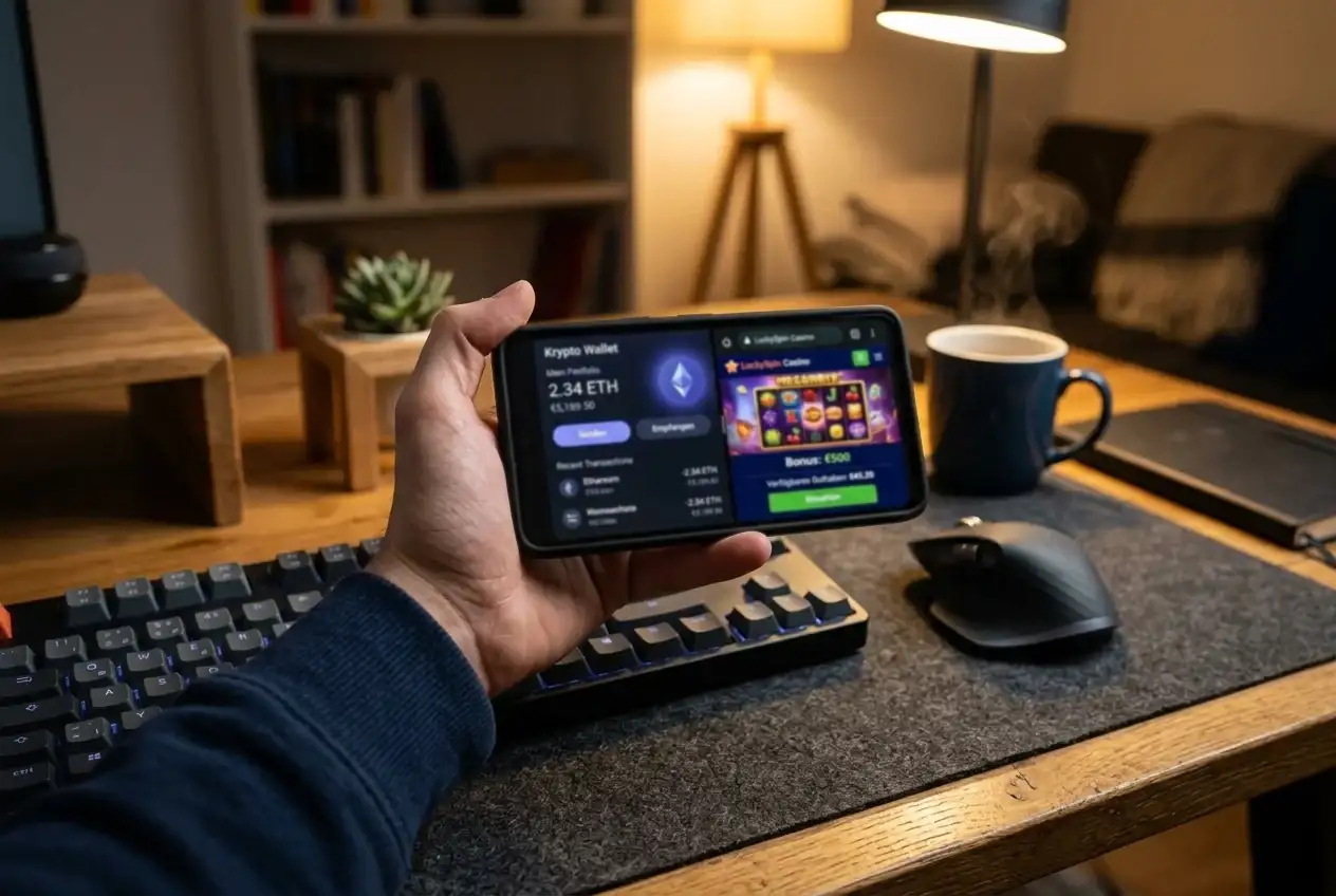 Smartphone mit Casino-Interface und Ethereum-Wallet-App nebeneinander