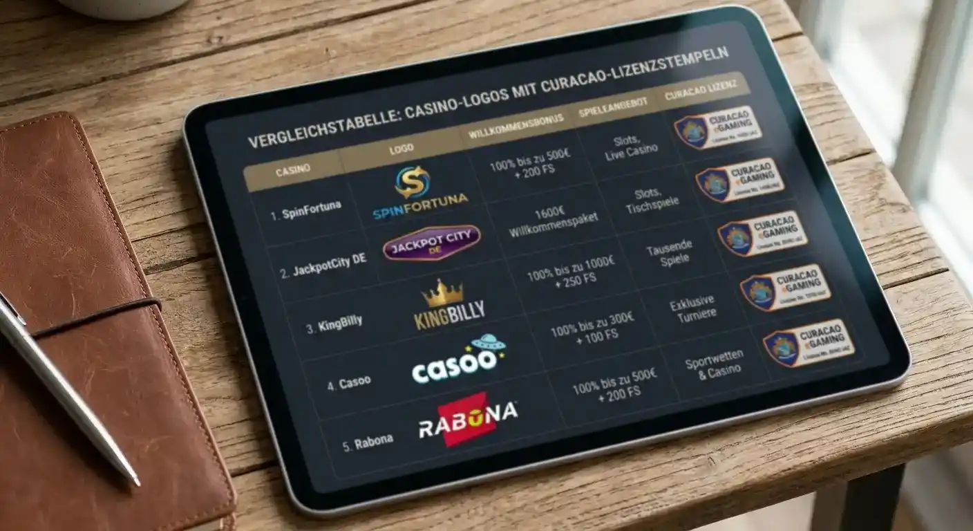 Vergleichstabelle verschiedener Casino-Logos mit Curacao-Lizenzstempeln