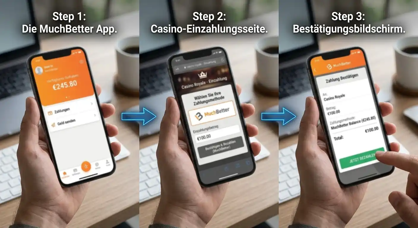 Schritt-für-Schritt-Diagramm: Smartphone mit MuchBetter-App, Pfeil zu Casino-Zahlungsseite, Pfeil zu Bestätigungsbildschirm