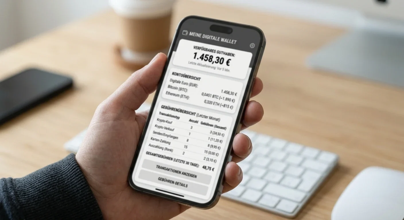 Neutrale digitale Wallet und Gebührenübersicht ohne Markenlogo