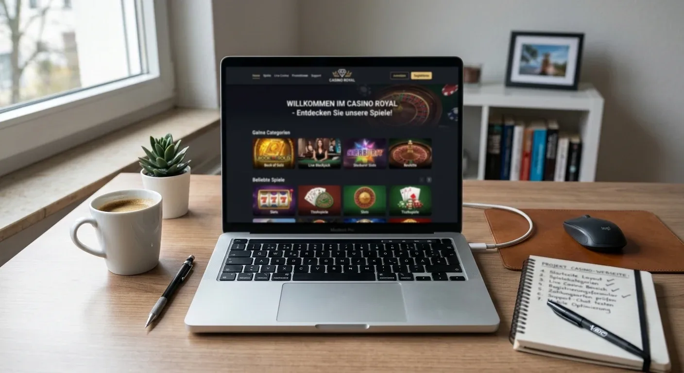 Neutraler Schreibtisch mit neuer Casino-Webseite und Prüfliste ohne Markenzeichen