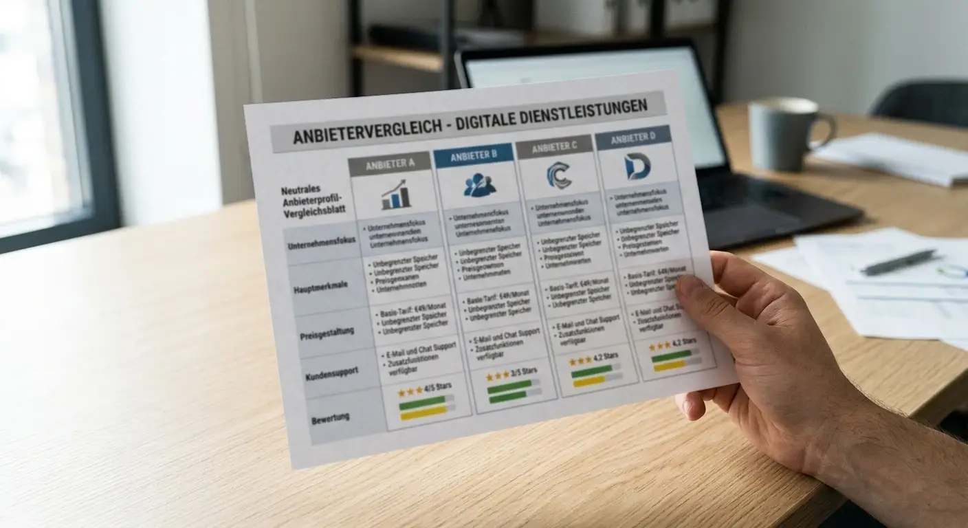 Vier neutrale Anbieterprofile auf einem Vergleichsblatt