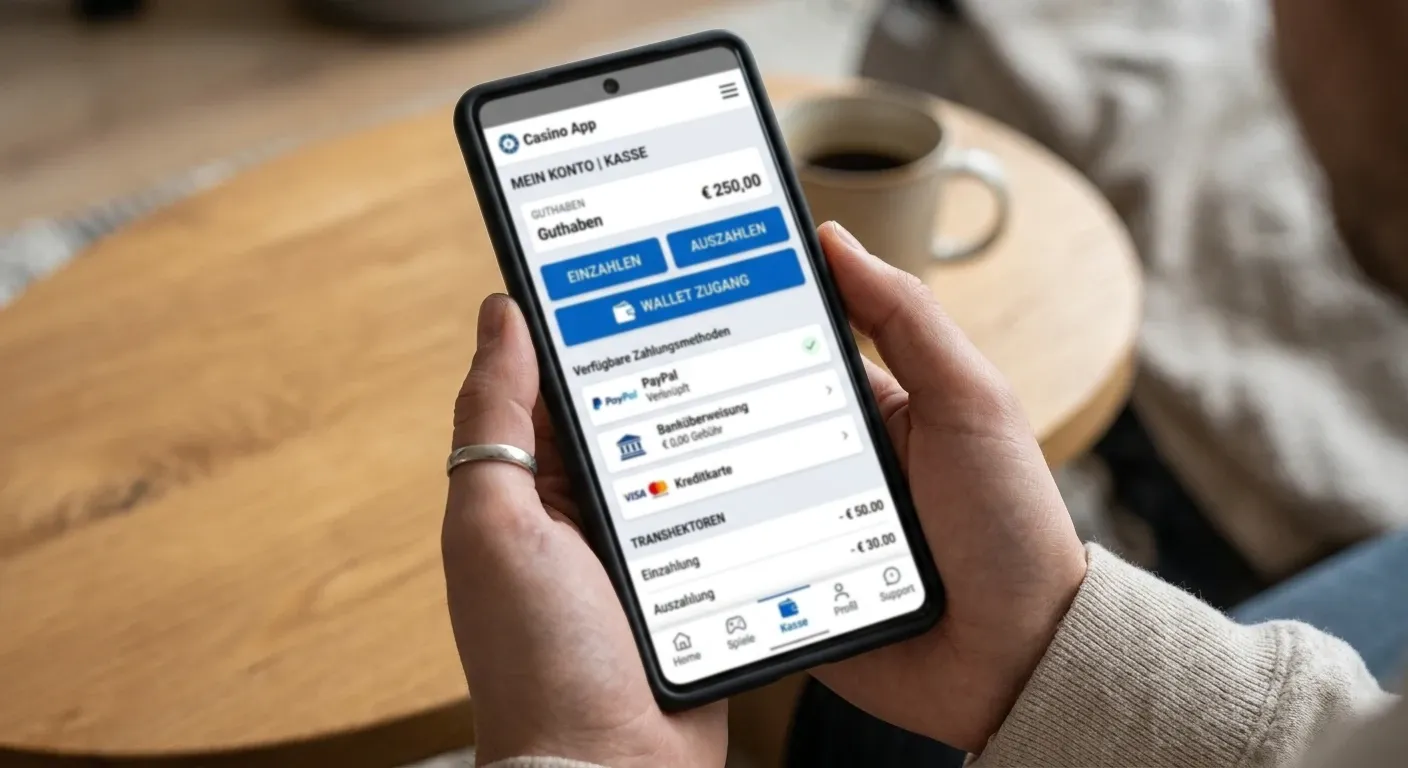 Moderne Smartphone-Ansicht mit einer neutralen Casino-Oberfläche und einem Wallet-Button im Kassenbereich