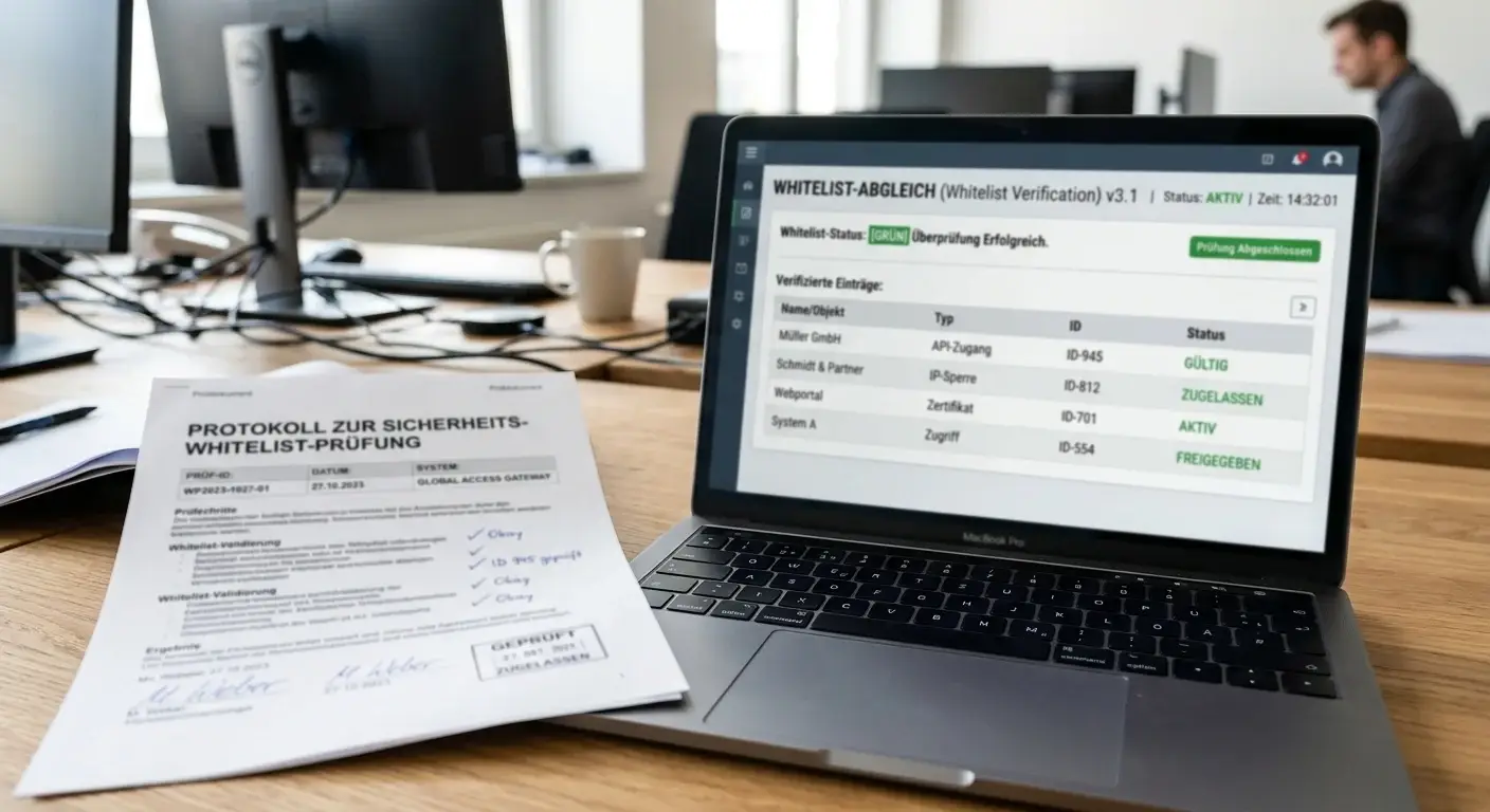 Neutrales Prüfdokument neben Laptop mit Whitelist-Abgleich