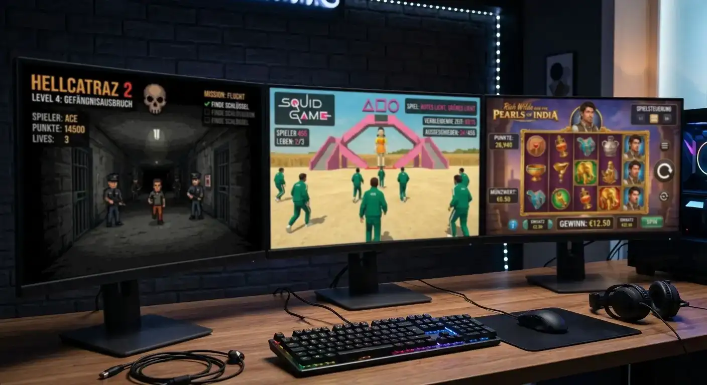 Screenshots von Hellcatraz 2, Squid Game und Rich Wilde and the Pearls of India
