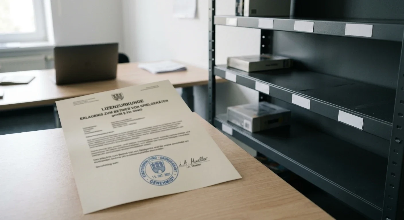 Neutrales Lizenzdokument mit Stempel und leerer Spielautomaten-Regalfläche als Symbol für fehlende Titel