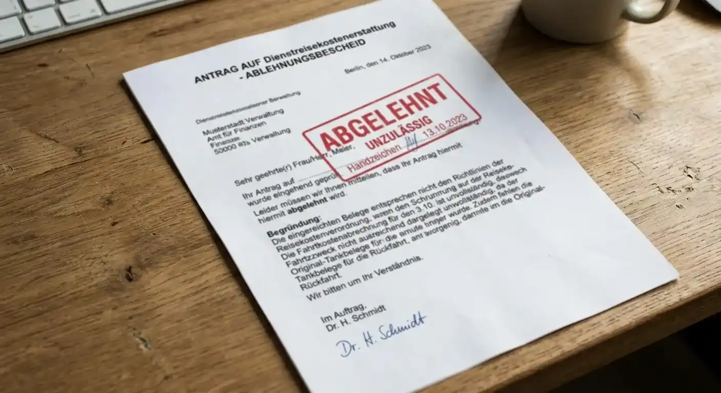 Abgelehnter Antrag mit Stempel und Begründungsschreiben