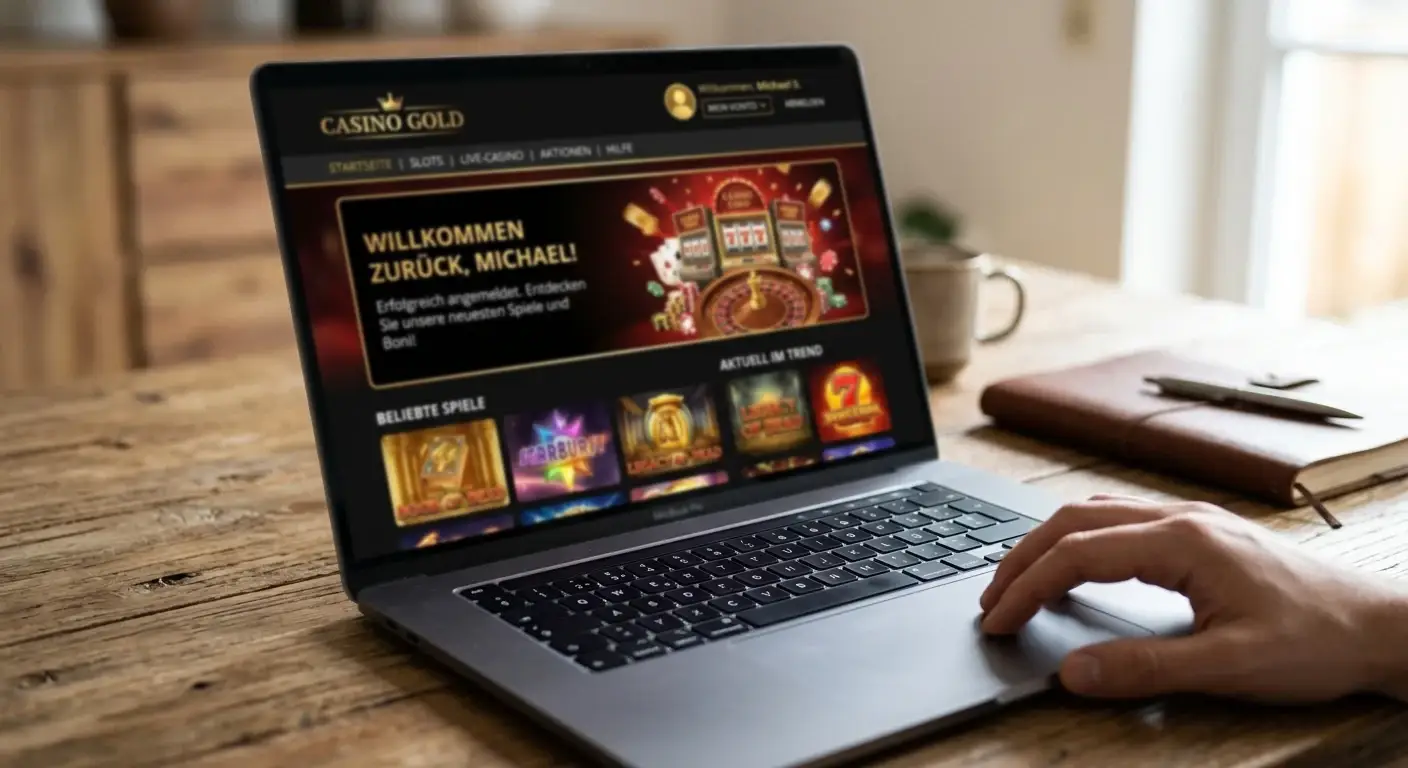 Laptop-Bildschirm mit Casino-Login und erfolgreicher Anmeldung nach Entsperrung