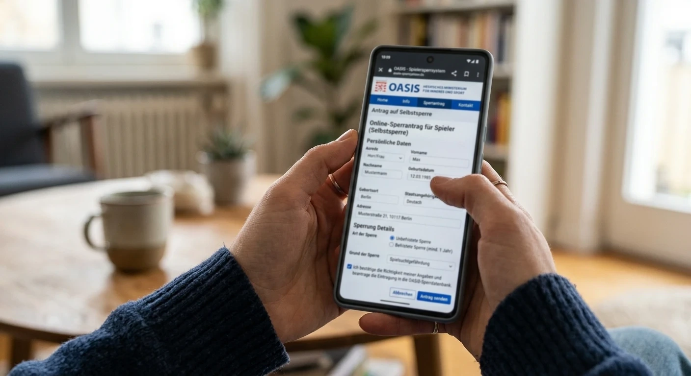 Smartphone zeigt OASIS-Sperrsystem Webseite mit Selbstausschluss-Formular